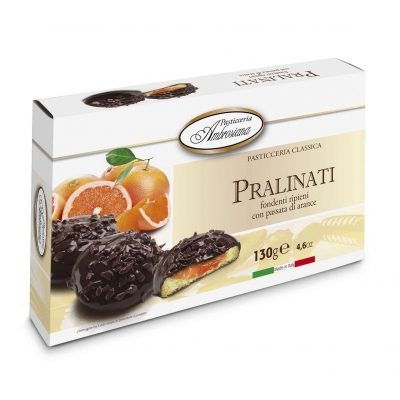 Фото упаковки печенья в шоколаде Dolciara Ambrosiana "Пралинати" с апельсиновой начинкой (pralinati di arance) 130г