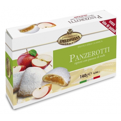 Фото упаковки печенья сочники Dolciara Ambrosiana Панцеротти с яблоком (Panzerotti di mele) 140г