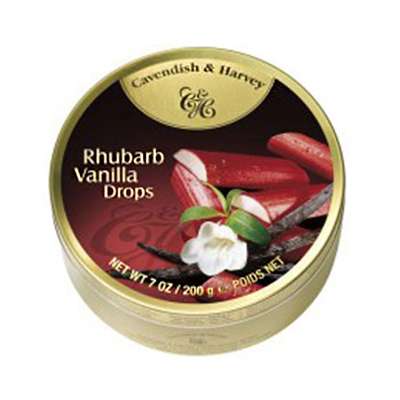 Фото упаковки леденцов Cavendish & Harvey ревень и ваниль (rhubarb vanilla drops) 200г