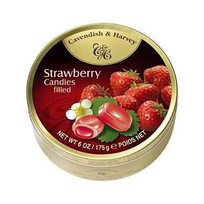 Фото упаковки леденцов Cavendish & Harvey с клубничной начинкой (strawberry drops filled) 175г