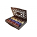 Фото открытой подарочной деревянной коробочки и конфет Hajabdollah халва царская в шоколадной глазури со вкусами ванили, капучино, корицы