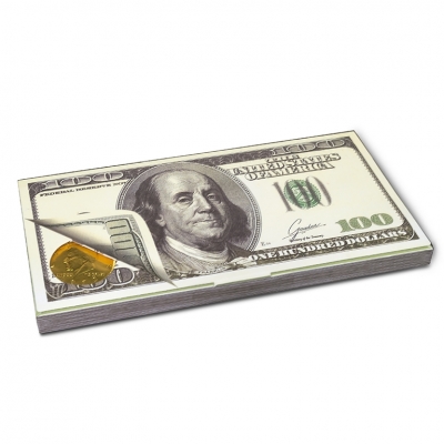 Фото упаковки набора шоколадных монет 100 долларов 100г